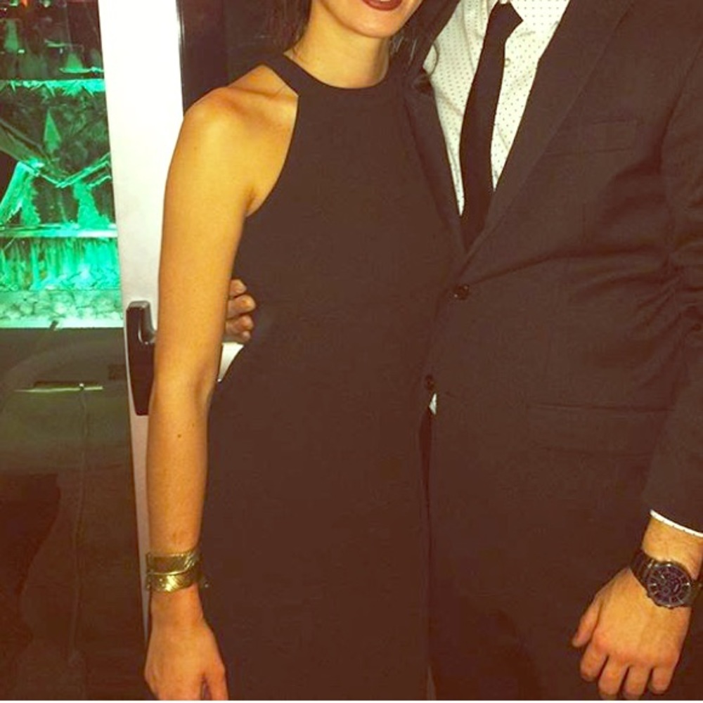 Black body con high neck open back dress